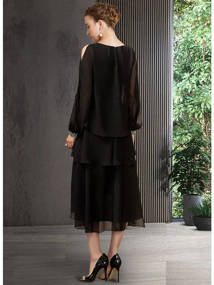 Chic Chiffon A-Line Boat Neck Long Sleeve Closed Back Midi Length Mother of the Bride Dresses