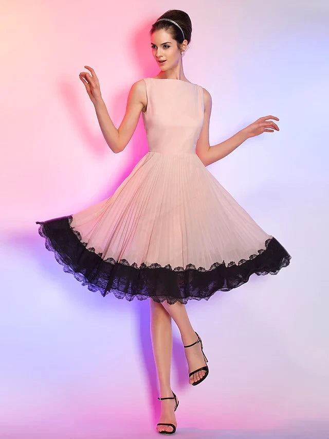 Chic Chiffon A-Line Boat Neck Sleeveless Zipper Back Knee-Length Homecoming Dresses
