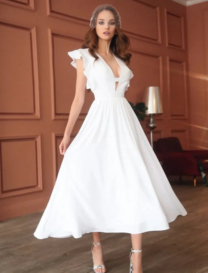 Chic Chiffon A-Line Deep V-Neck Ruffled Cap Sleeve Zipper Back Midi Homecoming Dresses