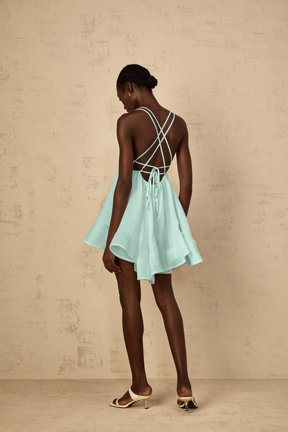 Chic Chiffon A-Line Deep V-Neck Spaghetti Strap Criss-Cross Open Back Short Homecoming Dresses
