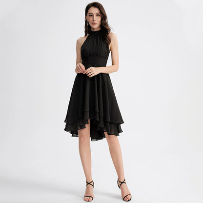 Chic Chiffon A-Line Halter Neck Sleeveless Keyhole Back High-Low Homecoming Dresses