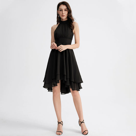 Chic Chiffon A-Line Halter Neck Sleeveless Keyhole Back High-Low Homecoming Dresses