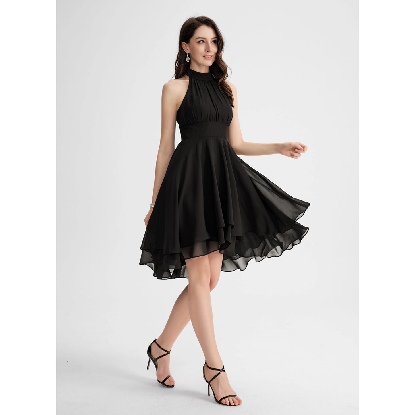 Chic Chiffon A-Line Halter Neck Sleeveless Keyhole Back High-Low Homecoming Dresses