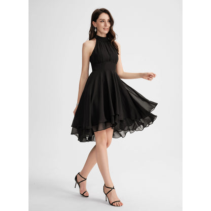 Chic Chiffon A-Line Halter Neck Sleeveless Keyhole Back High-Low Homecoming Dresses