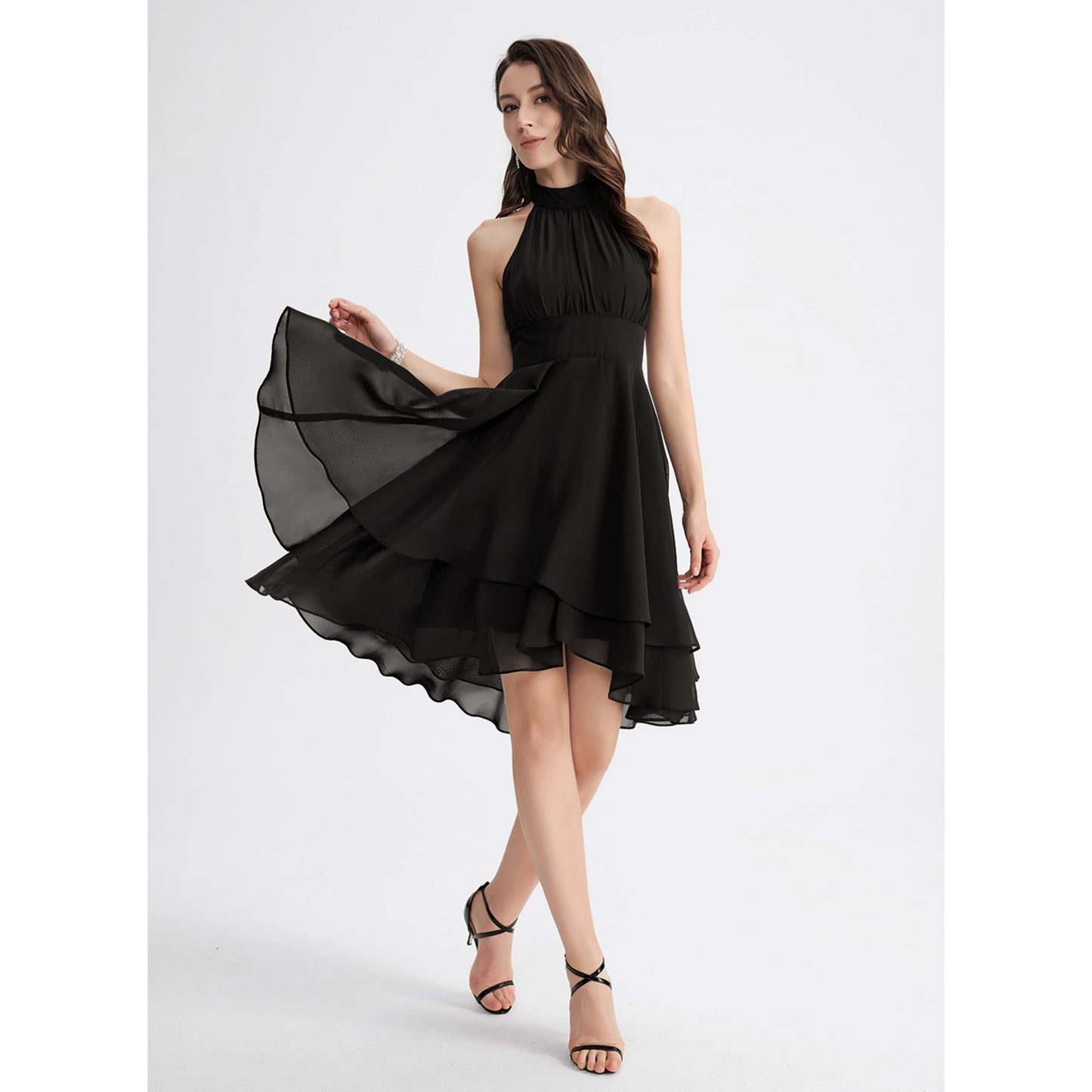 Chic Chiffon A-Line Halter Neck Sleeveless Keyhole Back High-Low Homecoming Dresses