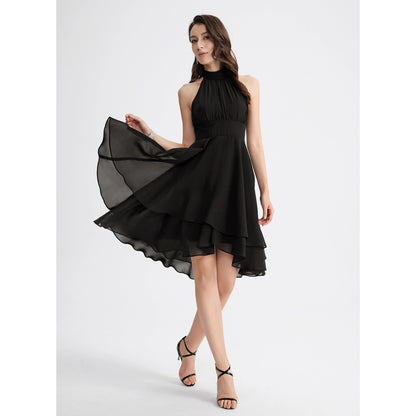 Chic Chiffon A-Line Halter Neck Sleeveless Keyhole Back High-Low Homecoming Dresses