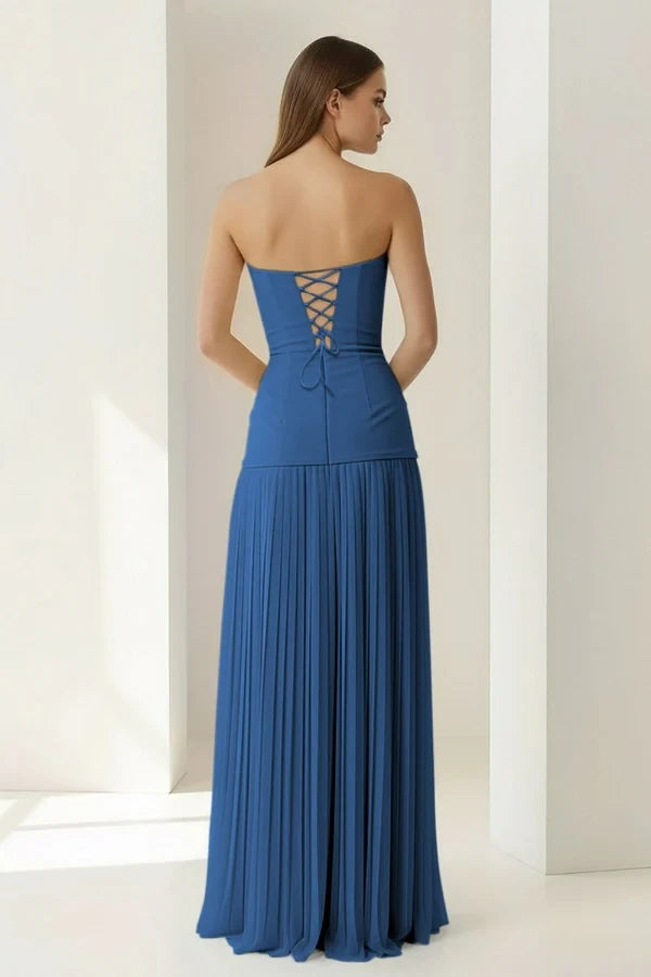Chic Chiffon A-Line Sweetheart Strapless Sleeveless Lace-Up Back Floor-Length Evening Dresses