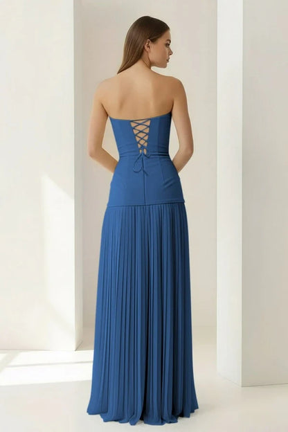 Chic Chiffon A-Line Sweetheart Strapless Sleeveless Lace-Up Back Floor-Length Evening Dresses