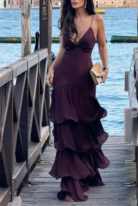 Chic Chiffon Mermaid Deep V-Neck Spaghetti Strap Open Back Floor-Length Prom Dresses