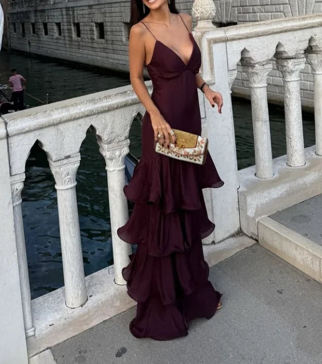 Chic Chiffon Mermaid Deep V-Neck Spaghetti Strap Open Back Floor-Length Prom Dresses