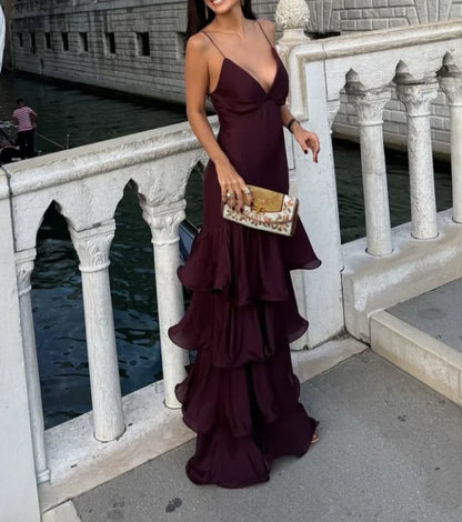 Chic Chiffon Mermaid Deep V-Neck Spaghetti Strap Open Back Floor-Length Prom Dresses