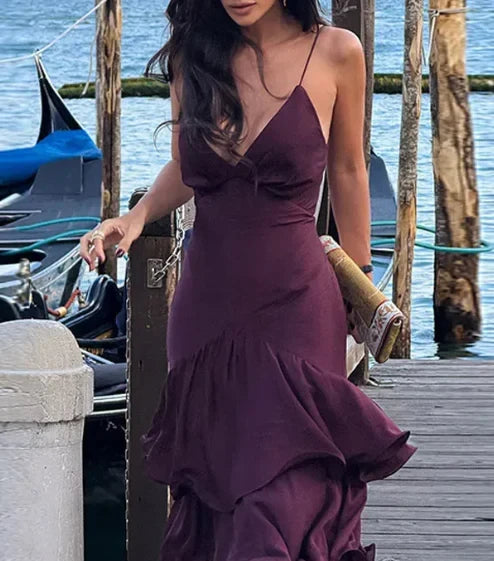 Chic Chiffon Mermaid Deep V-Neck Spaghetti Strap Open Back Floor-Length Prom Dresses