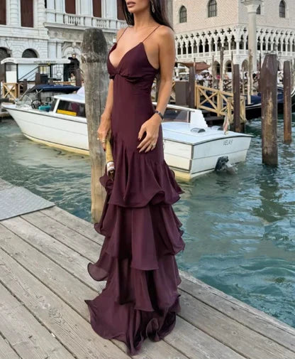Chic Chiffon Mermaid Deep V-Neck Spaghetti Strap Open Back Floor-Length Prom Dresses