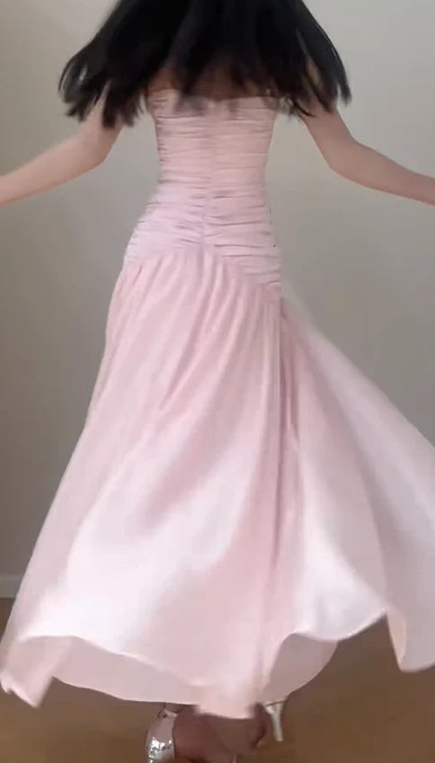 Chic Chiffon Satin A-Line Strapless Sleeveless Straight Back Floor-Length Prom Dresses