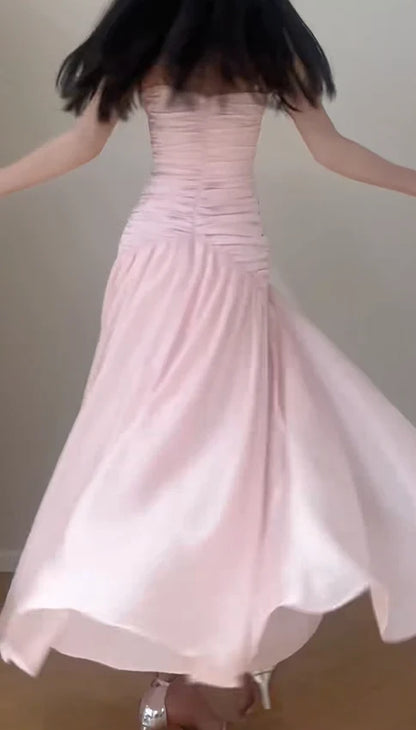 Chic Chiffon Satin A-Line Strapless Sleeveless Straight Back Floor-Length Prom Dresses