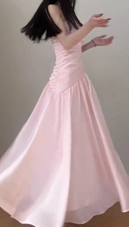 Chic Chiffon Satin A-Line Strapless Sleeveless Straight Back Floor-Length Prom Dresses