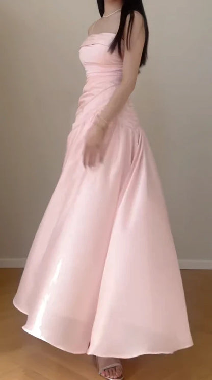 Chic Chiffon Satin A-Line Strapless Sleeveless Straight Back Floor-Length Prom Dresses