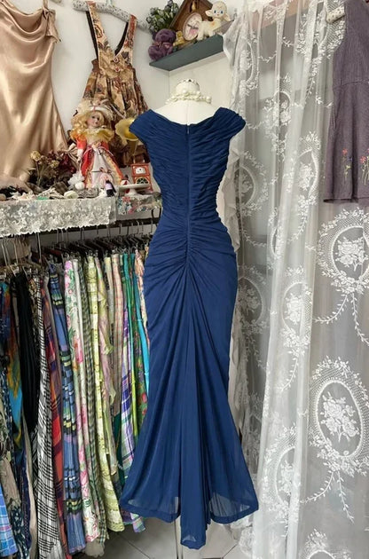 Chic Chiffon Sheath V-Neck Cap Sleeves Ruched Back Floor-Length Prom Dresses