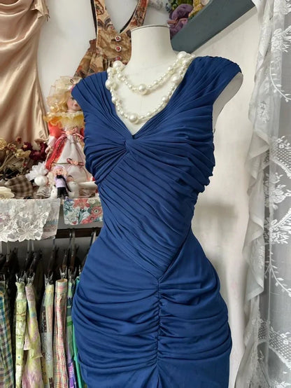 Chic Chiffon Sheath V-Neck Cap Sleeves Ruched Back Floor-Length Prom Dresses