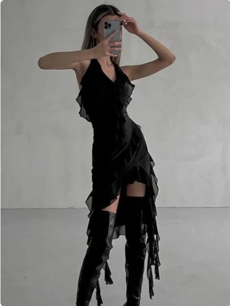 Chic Chiffon Sheath V-Neck Sleeveless Open Back Asymmetrical Ruffled Mini Homecoming Dresses