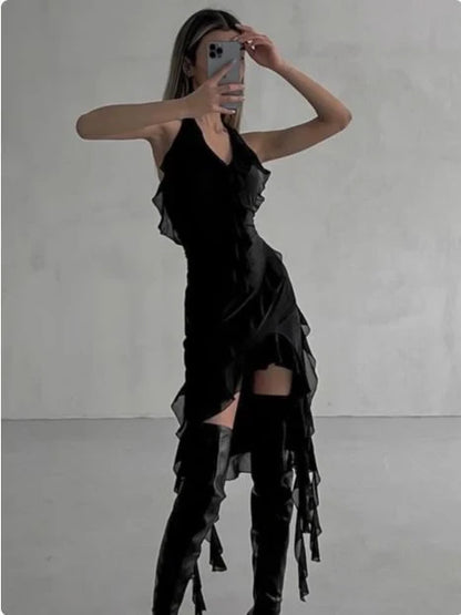 Chic Chiffon Sheath V-Neck Sleeveless Open Back Asymmetrical Ruffled Mini Homecoming Dresses