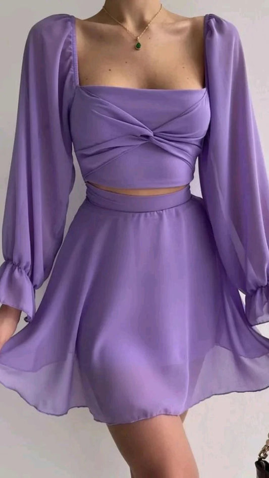 Chic Chiffon Two Piece A-Line Square Neck Long Sleeve Tie Back Above Knee Homecoming Dress