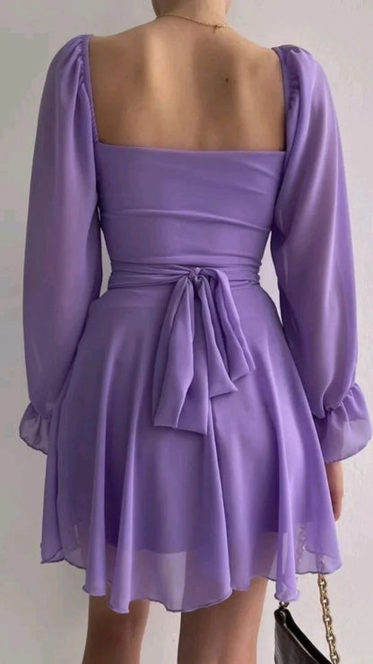 Chic Chiffon Two Piece A-Line Square Neck Long Sleeve Tie Back Above Knee Homecoming Dress