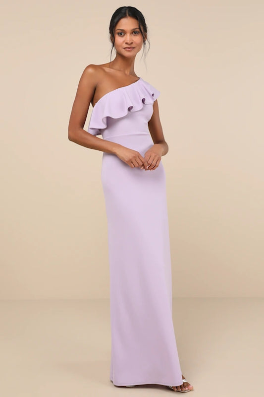Chic Crepe Evening Dresses with One-Shoulder Neckline, Ruffle Detail and Mermaid Silhouette Formal Gown