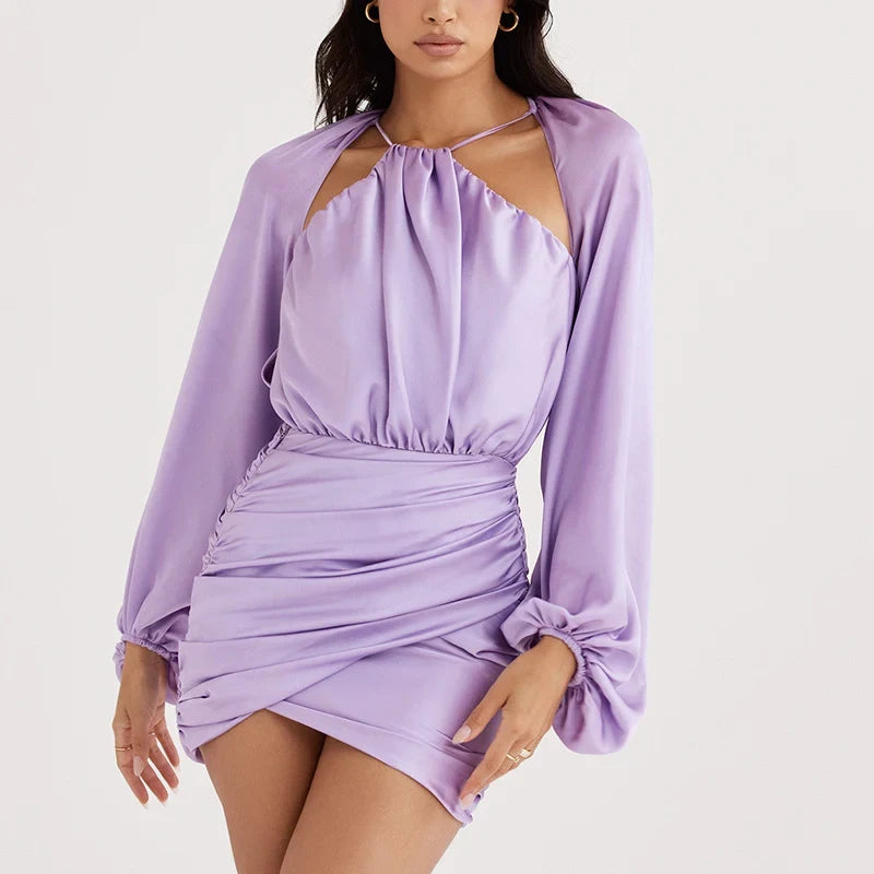 Chic Fitted Halter Long-Sleeve Cutout Ruched Lilac Mini Evening Dresses Women