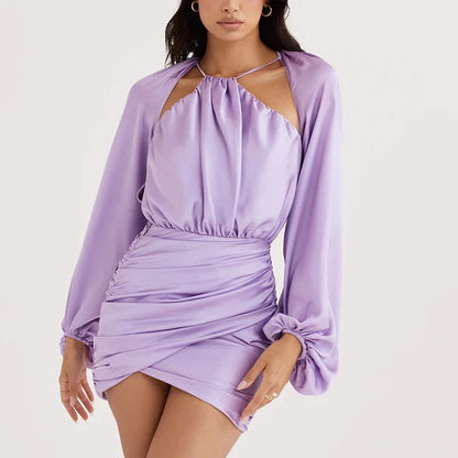 Chic Fitted Halter Long-Sleeve Cutout Ruched Lilac Mini Evening Dresses Women