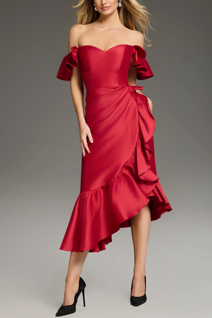 Chic Form-Fitting Off-the-Shoulder Ruffled Sleeve Wrap High-Low Midi Evening Dress