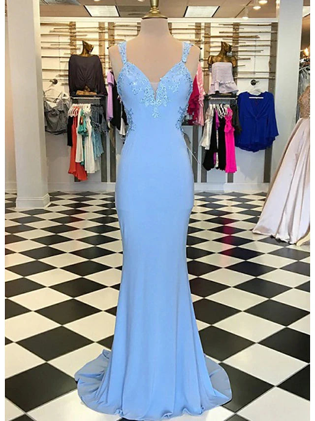 Chic Lace Applique Satin Mermaid V-Neck Sleeveless Open Back Floor-Length Prom Dresses