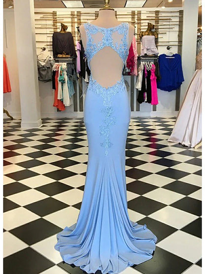 Chic Lace Applique Satin Mermaid V-Neck Sleeveless Open Back Floor-Length Prom Dresses