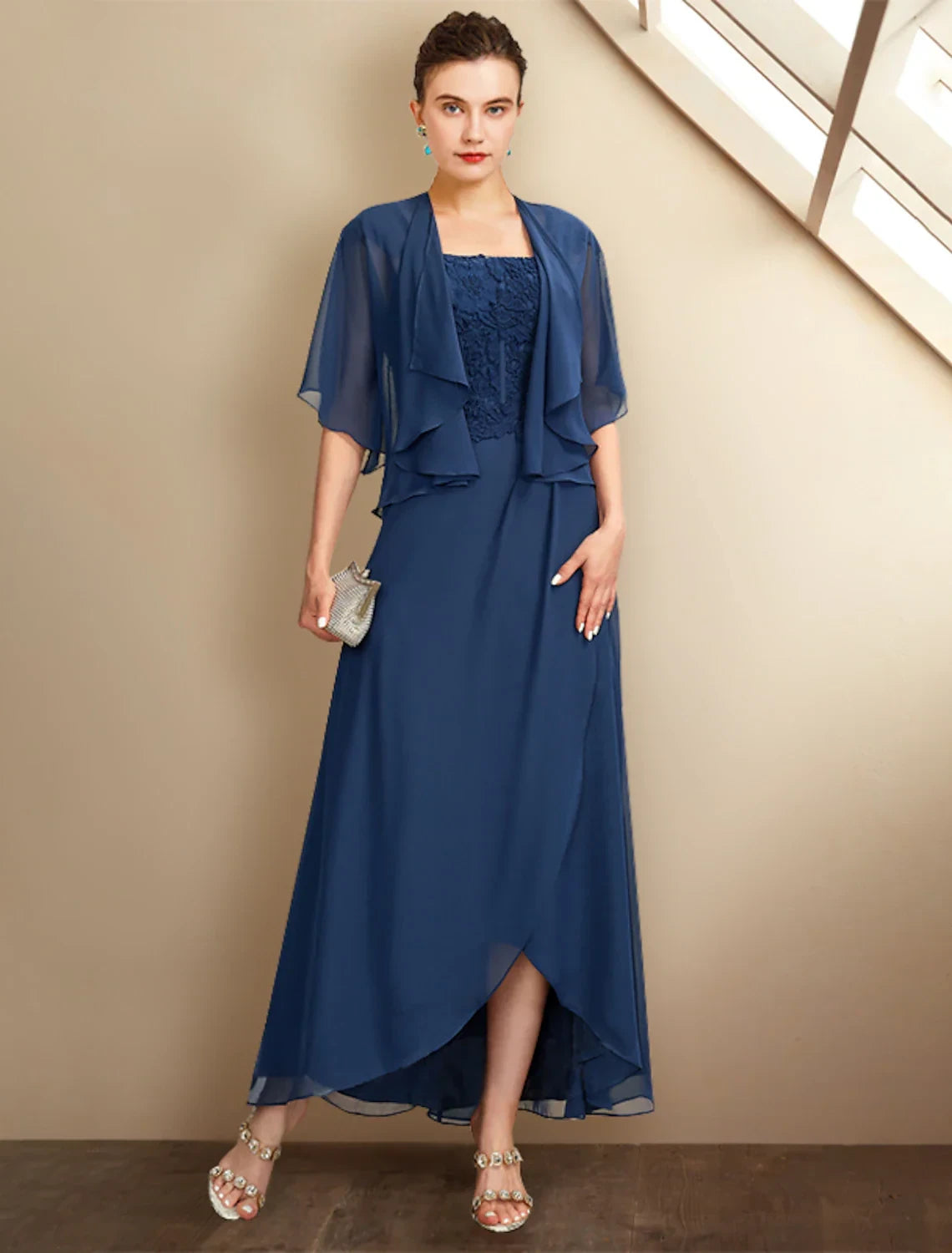 Chic Lace Chiffon A-Line Square Neck Cap Sleeve Square Back Asymmetrical Length Two-Piece Mother of the Bride Dresses