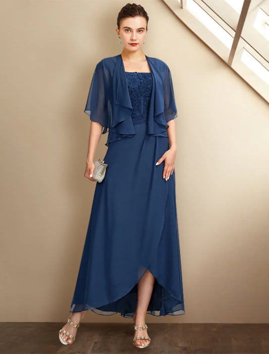Chic Lace Chiffon A-Line Square Neck Cap Sleeve Square Back Asymmetrical Length Two-Piece Mother of the Bride Dresses