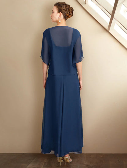 Chic Lace Chiffon A-Line Square Neck Cap Sleeve Square Back Asymmetrical Length Two-Piece Mother of the Bride Dresses