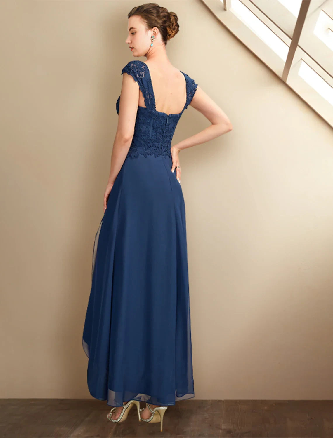 Chic Lace Chiffon A-Line Square Neck Cap Sleeve Square Back Asymmetrical Length Two-Piece Mother of the Bride Dresses