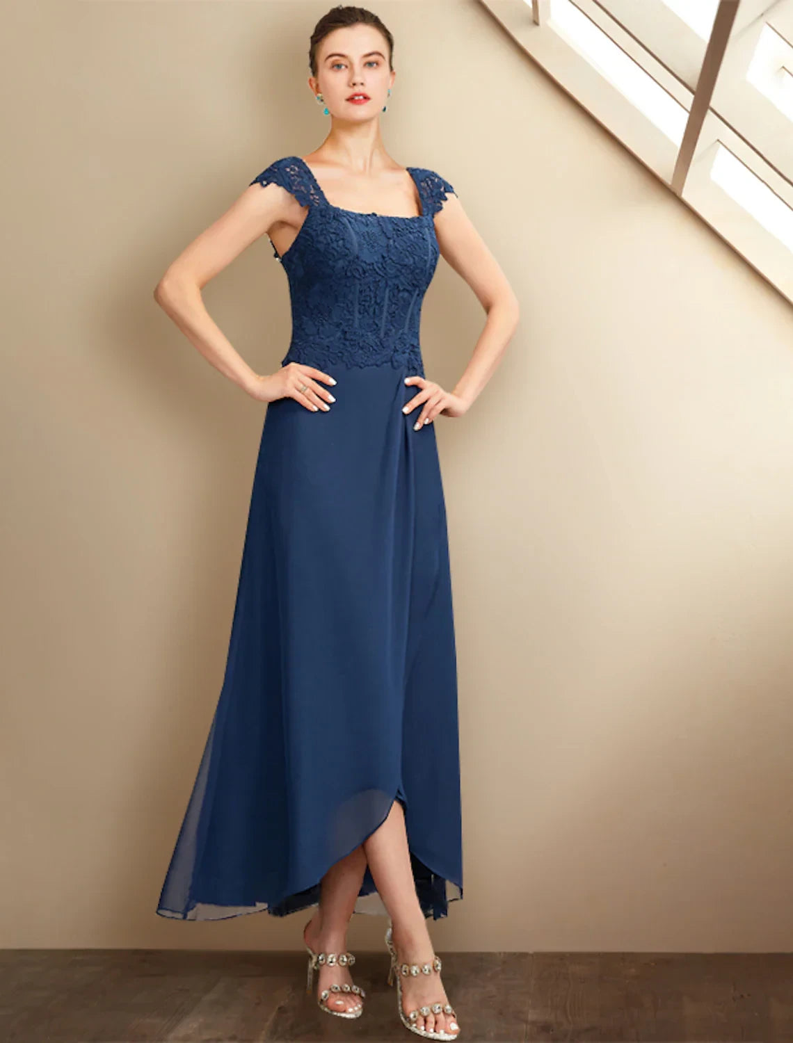 Chic Lace Chiffon A-Line Square Neck Cap Sleeve Square Back Asymmetrical Length Two-Piece Mother of the Bride Dresses
