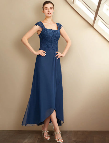 Chic Lace Chiffon A-Line Square Neck Cap Sleeve Square Back Asymmetrical Length Two-Piece Mother of the Bride Dresses