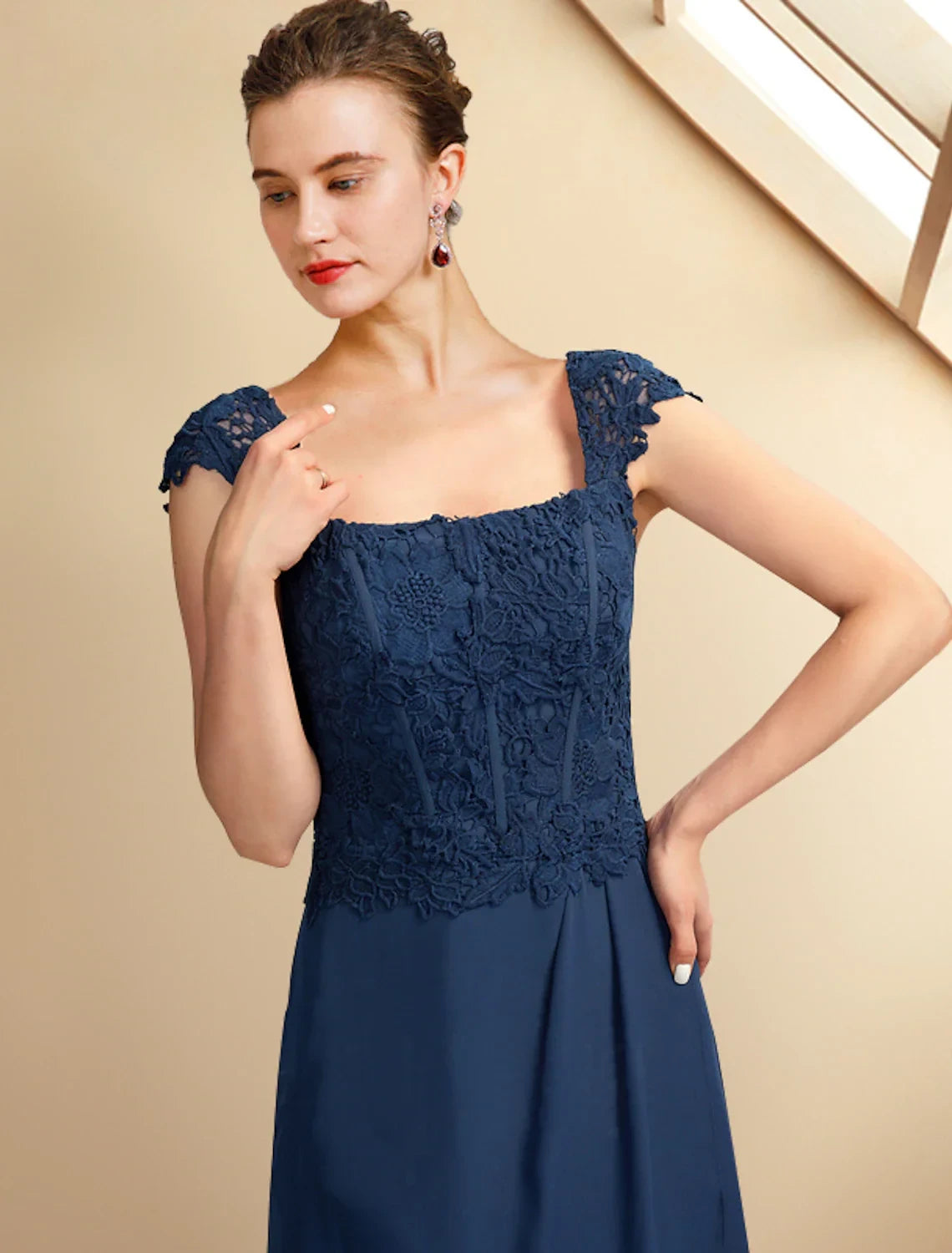 Chic Lace Chiffon A-Line Square Neck Cap Sleeve Square Back Asymmetrical Length Two-Piece Mother of the Bride Dresses
