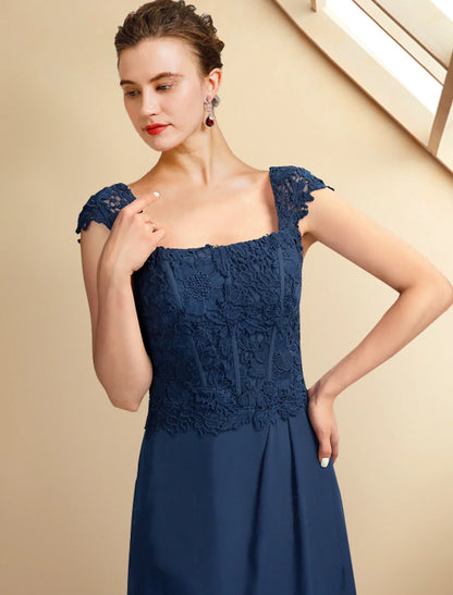 Chic Lace Chiffon A-Line Square Neck Cap Sleeve Square Back Asymmetrical Length Two-Piece Mother of the Bride Dresses