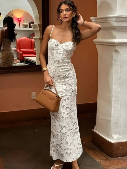 Chic Lace Sheath Sweetheart Spaghetti Strap Straight Back Midi Evening Dresses