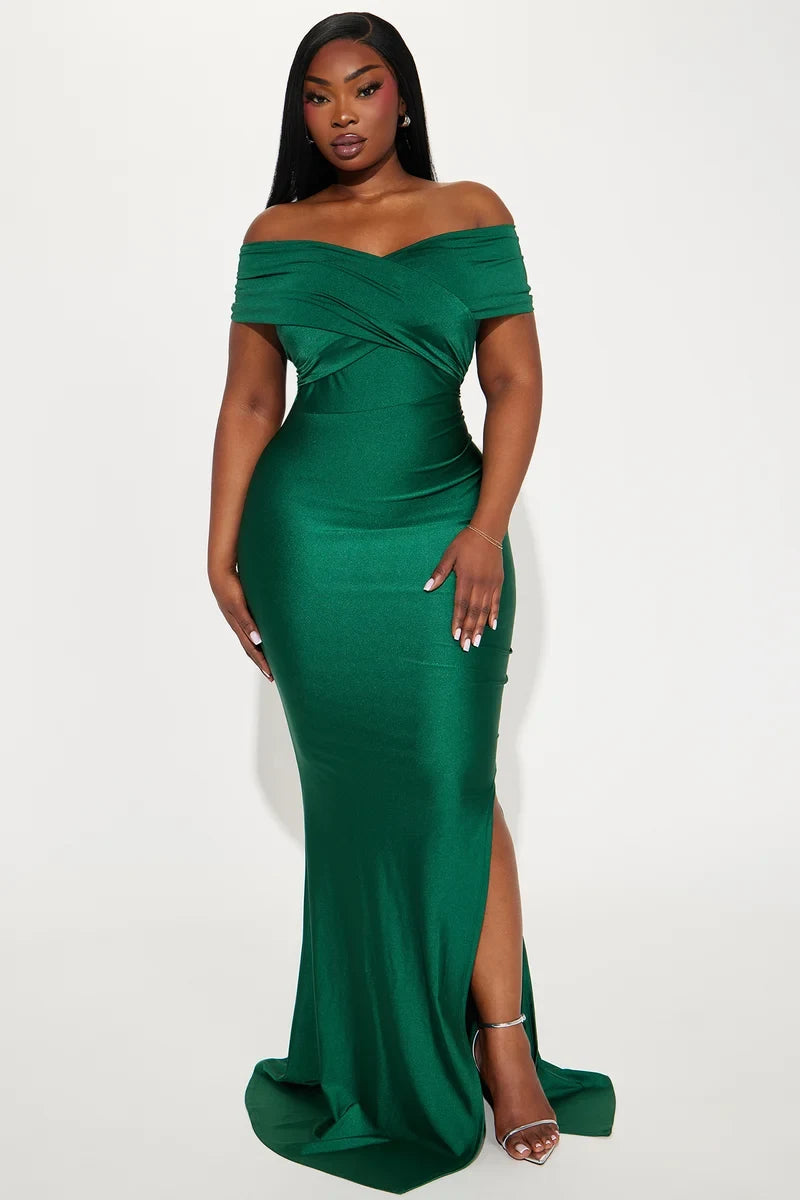 Chic Mermaid Off-Shoulder Short-Sleeve Ruched Slit Green Maxi Evening Dresses Gown
