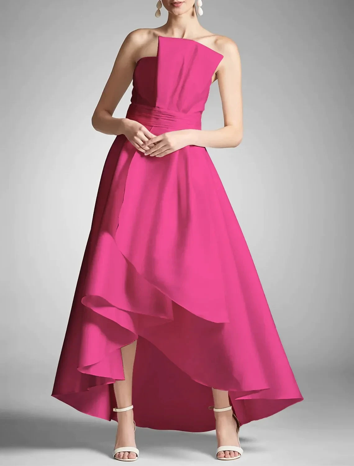 Chic Satin A-Line Asymmetric Strapless Sleeveless Clean Back High-Low Evening Dresses