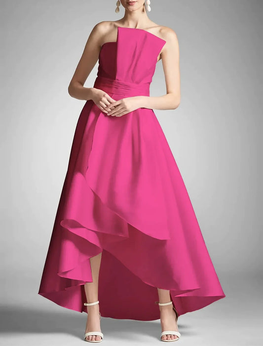 Chic Satin A-Line Asymmetric Strapless Sleeveless Clean Back High-Low Evening Dresses