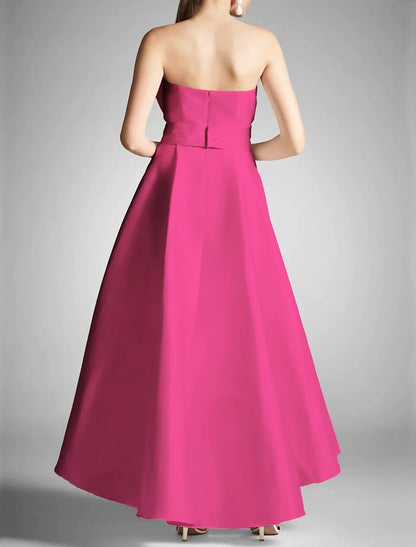Chic Satin A-Line Asymmetric Strapless Sleeveless Clean Back High-Low Evening Dresses