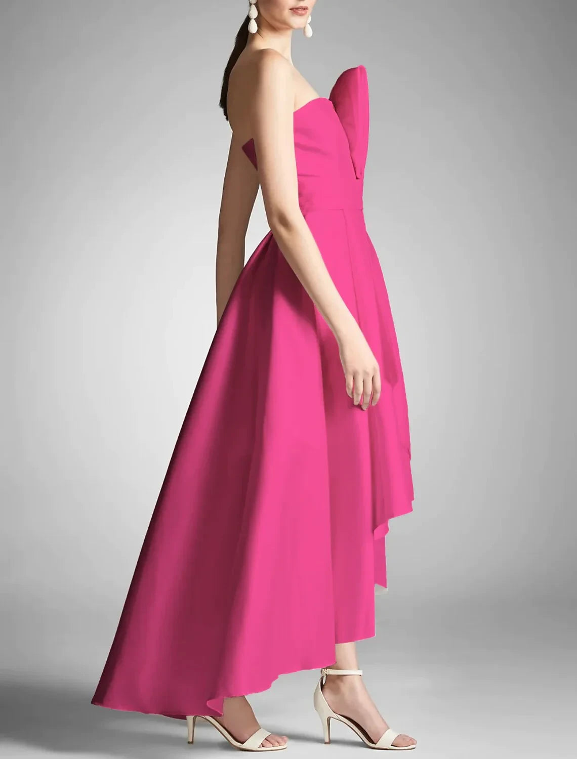 Chic Satin A-Line Asymmetric Strapless Sleeveless Clean Back High-Low Evening Dresses