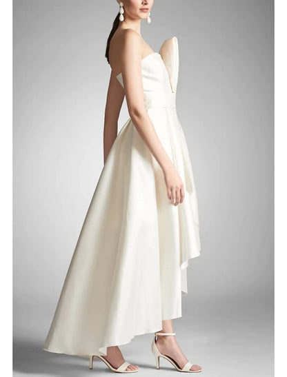 Chic Satin A-Line Asymmetric Strapless Sleeveless Clean Back High-Low Evening Dresses
