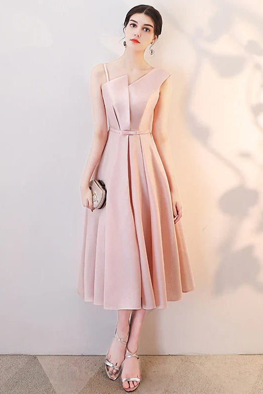 Chic Satin A-Line Asymmetrical Neckline Sleeveless Lace-Up Back Midi Length Homecoming Dresses