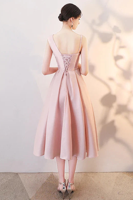 Chic Satin A-Line Asymmetrical Neckline Sleeveless Lace-Up Back Midi Length Homecoming Dresses